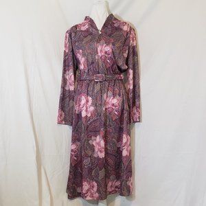 Vintage 70s Blair Mauve Paisley Belted Polyester Dress